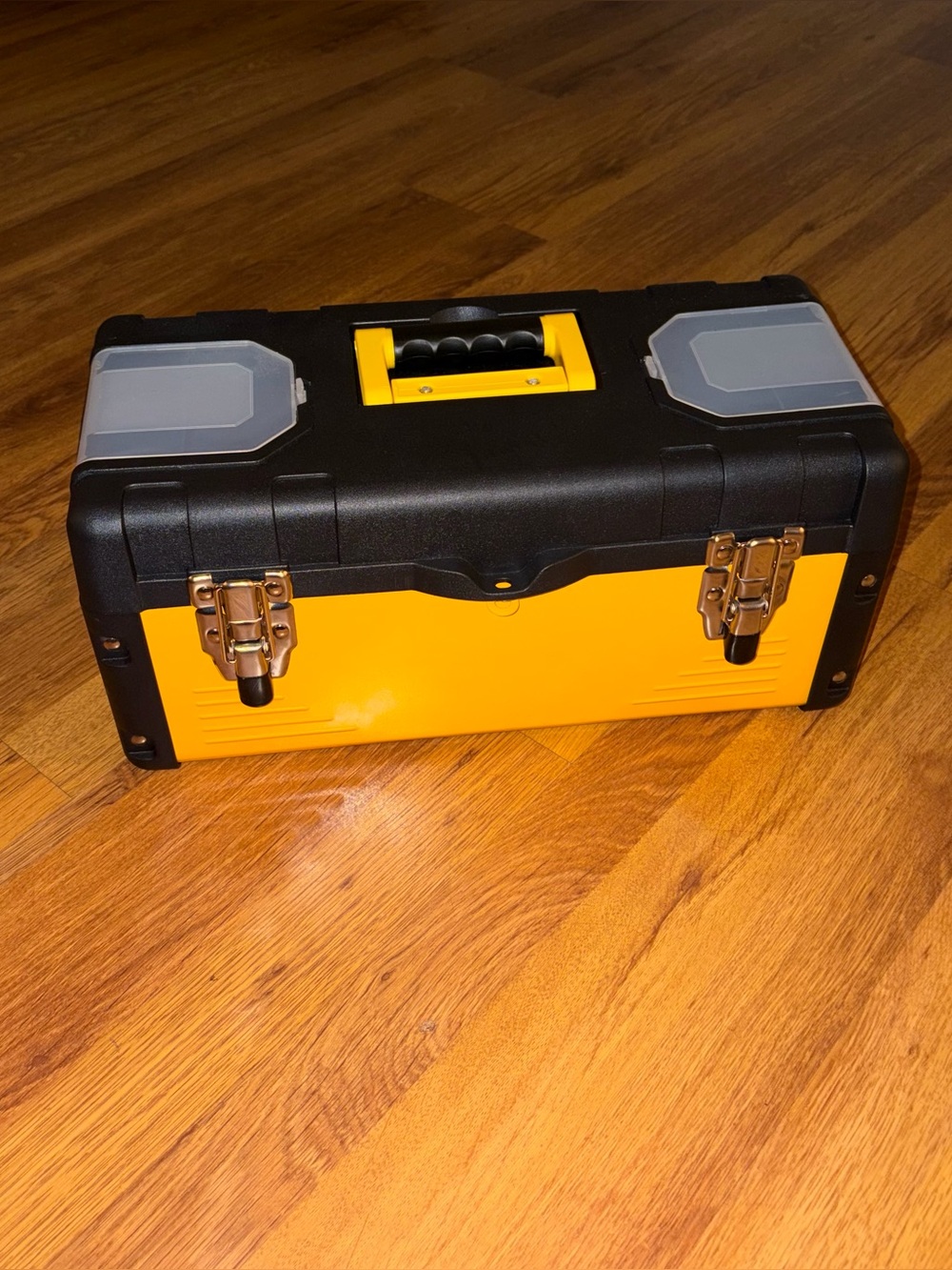 Portable Yellow and Black Tool Box with Top Compartments